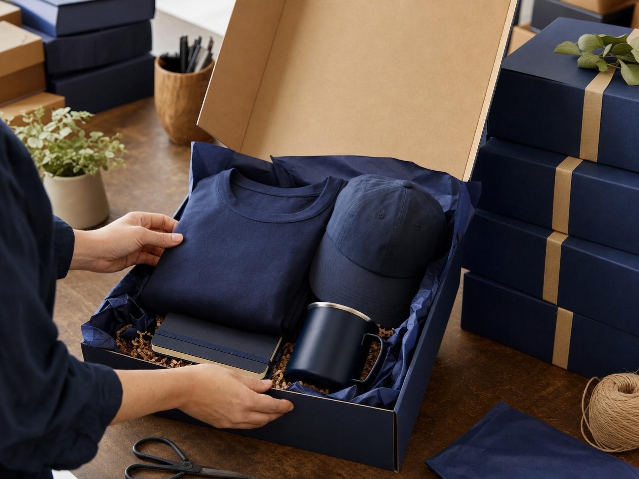 Corporate gift boxes being assembled with branded merchandise
