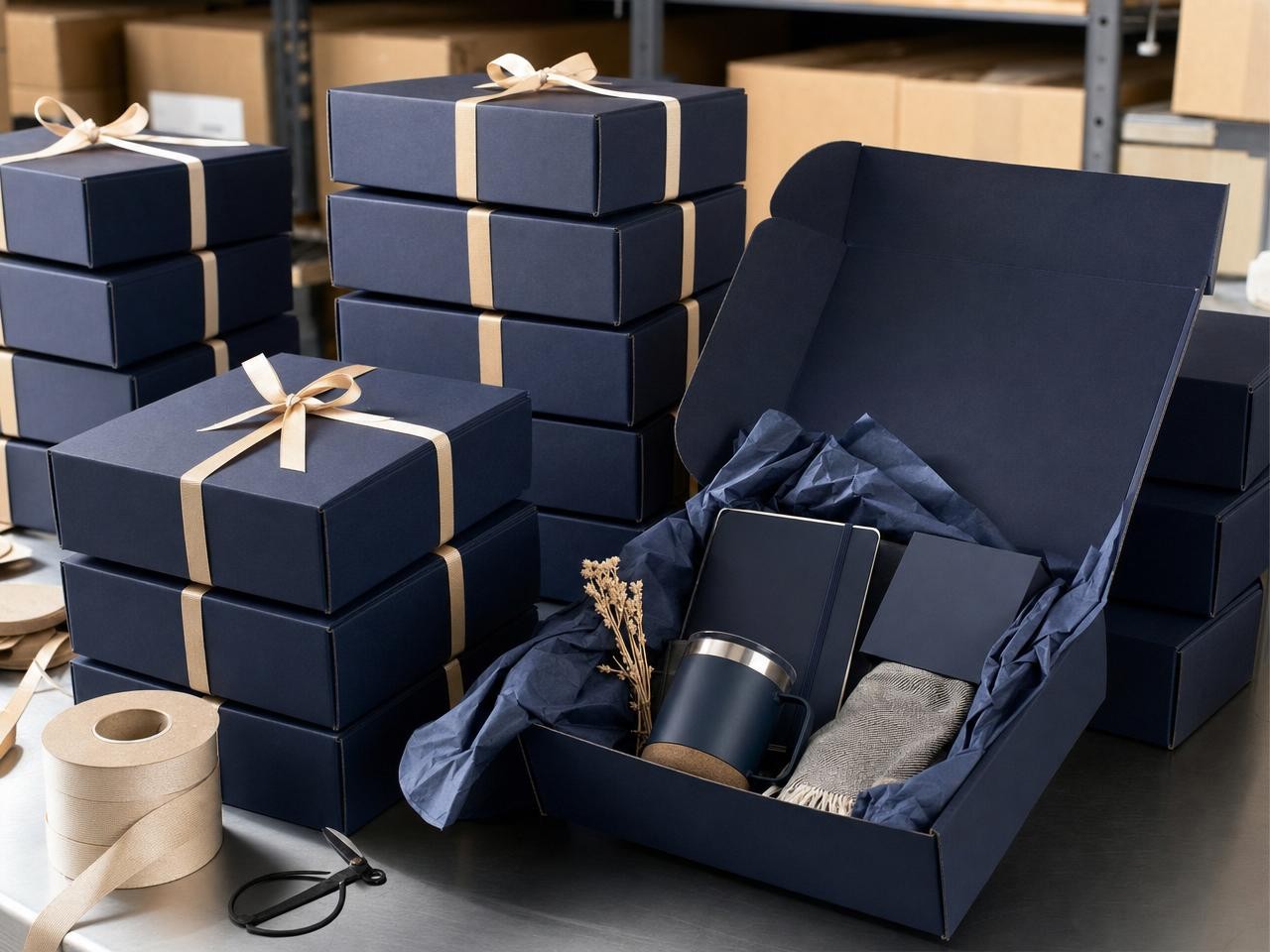Stack of finished navy mailer boxes with an open curated welcome kit