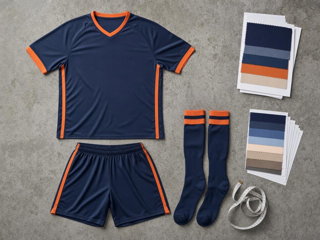 Complete custom team kit flat-lay with measuring tape and fabric swatches
