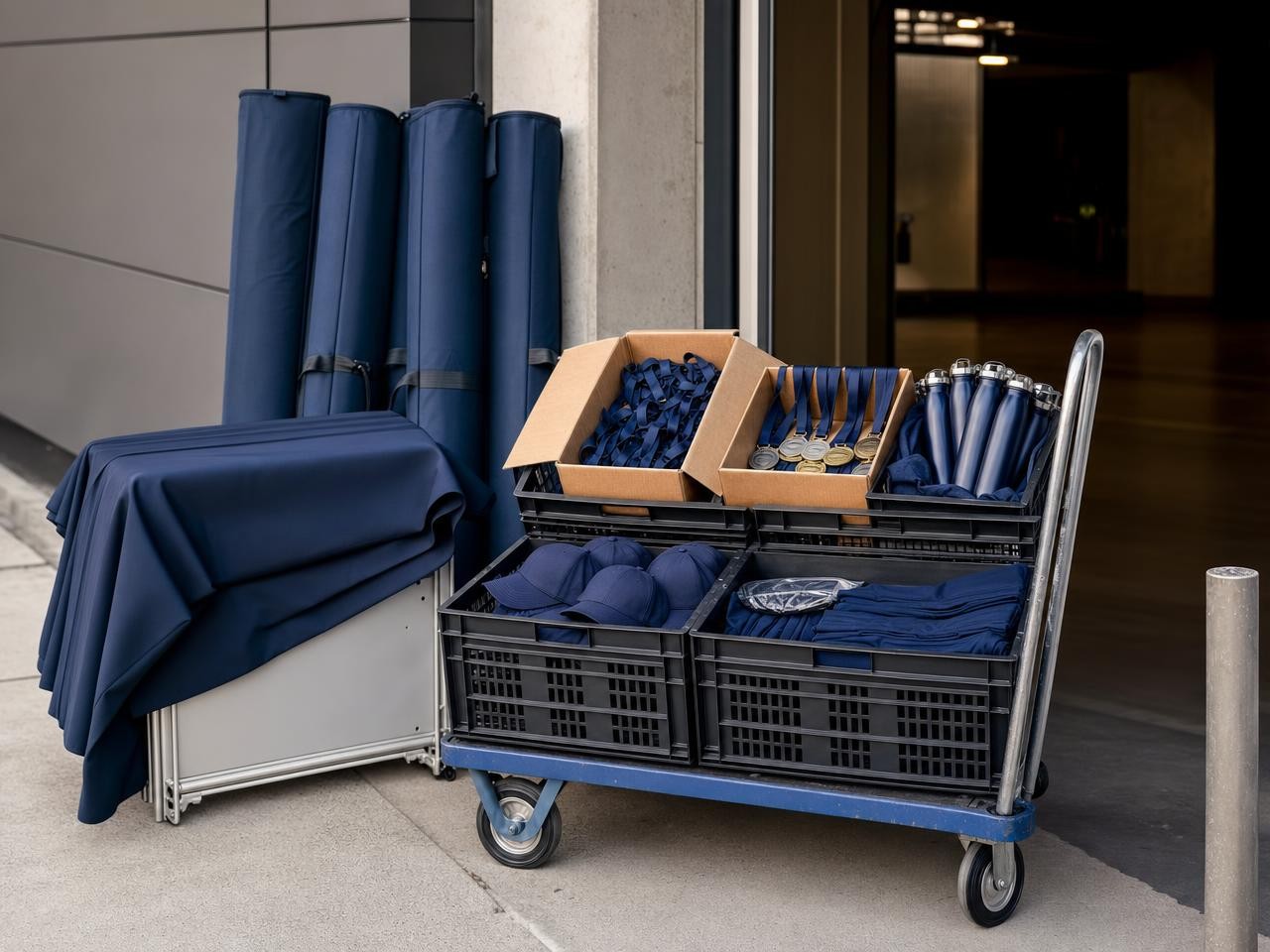 Event kit with rolled banners, boxed merchandise, and displays staged for transport