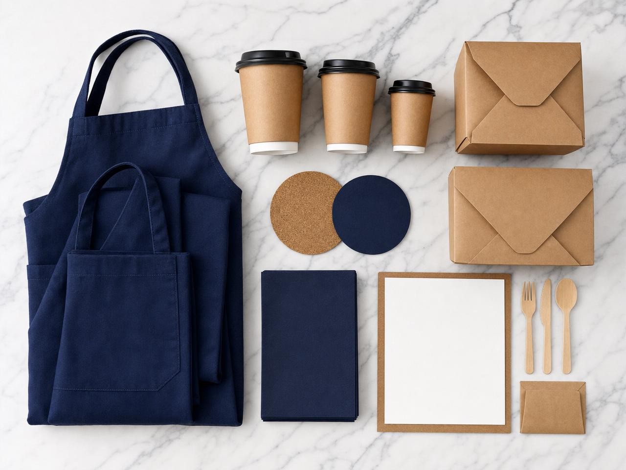 Flat-lay of hospitality supplies including aprons, cups, packaging, and menus