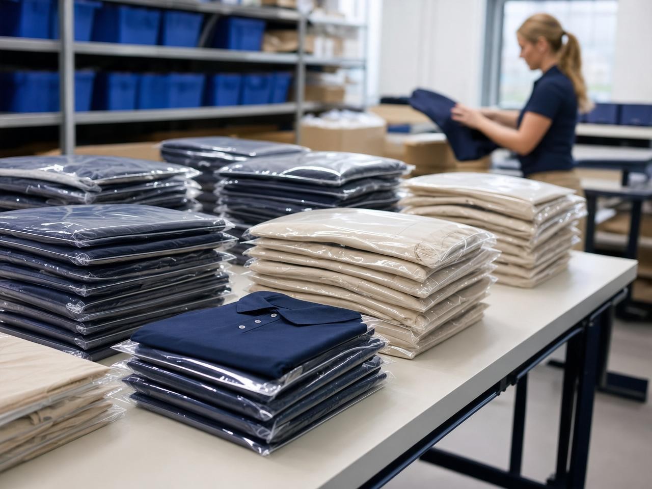 Folded uniforms in poly bags sorted by size on a warehouse table