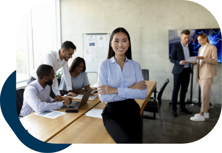 Woman with team on the background having meeting